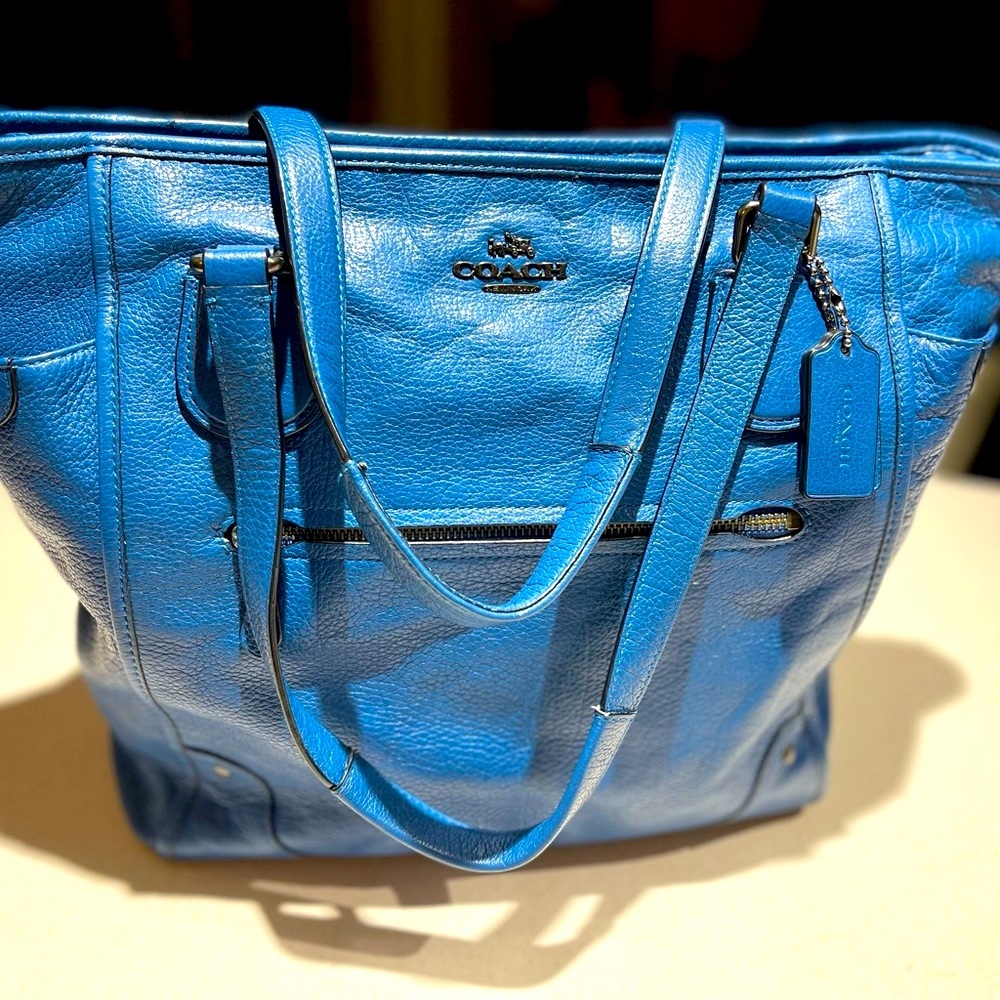 COACH Blue Large Mickie Grain Leather Tote
